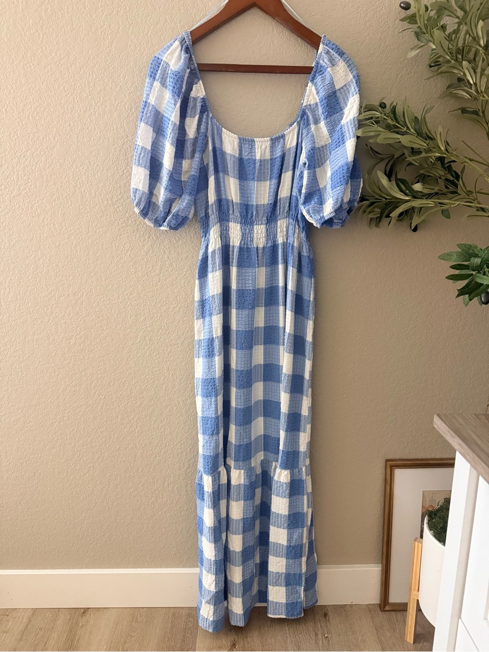 Nobody’s Child Blue & White Gingham Puff Sleeve Shirred Maxi Dress US 8